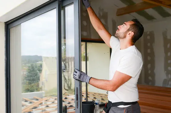 Reinigungskraft wischt ein grosses Fenster in einer Wohnung
