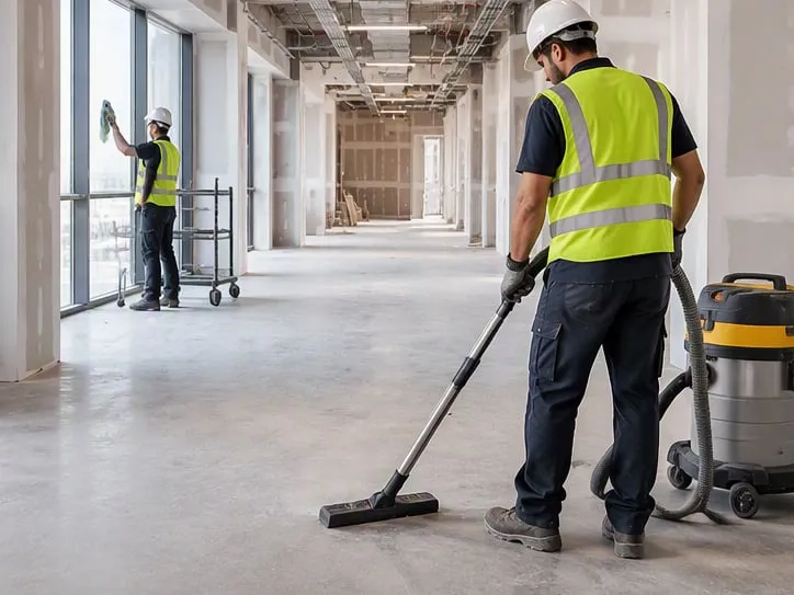 Reinigungskräfte saugen den Rohboden und reinigen Fenster während der Bauphase