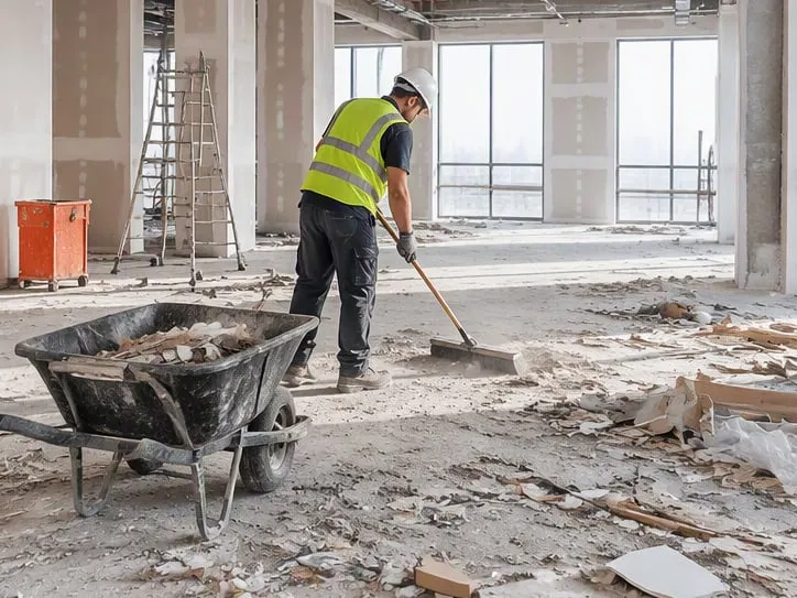 Reinigungskraft fegt Bauschutt im Rohbau, daneben eine Schubkarre